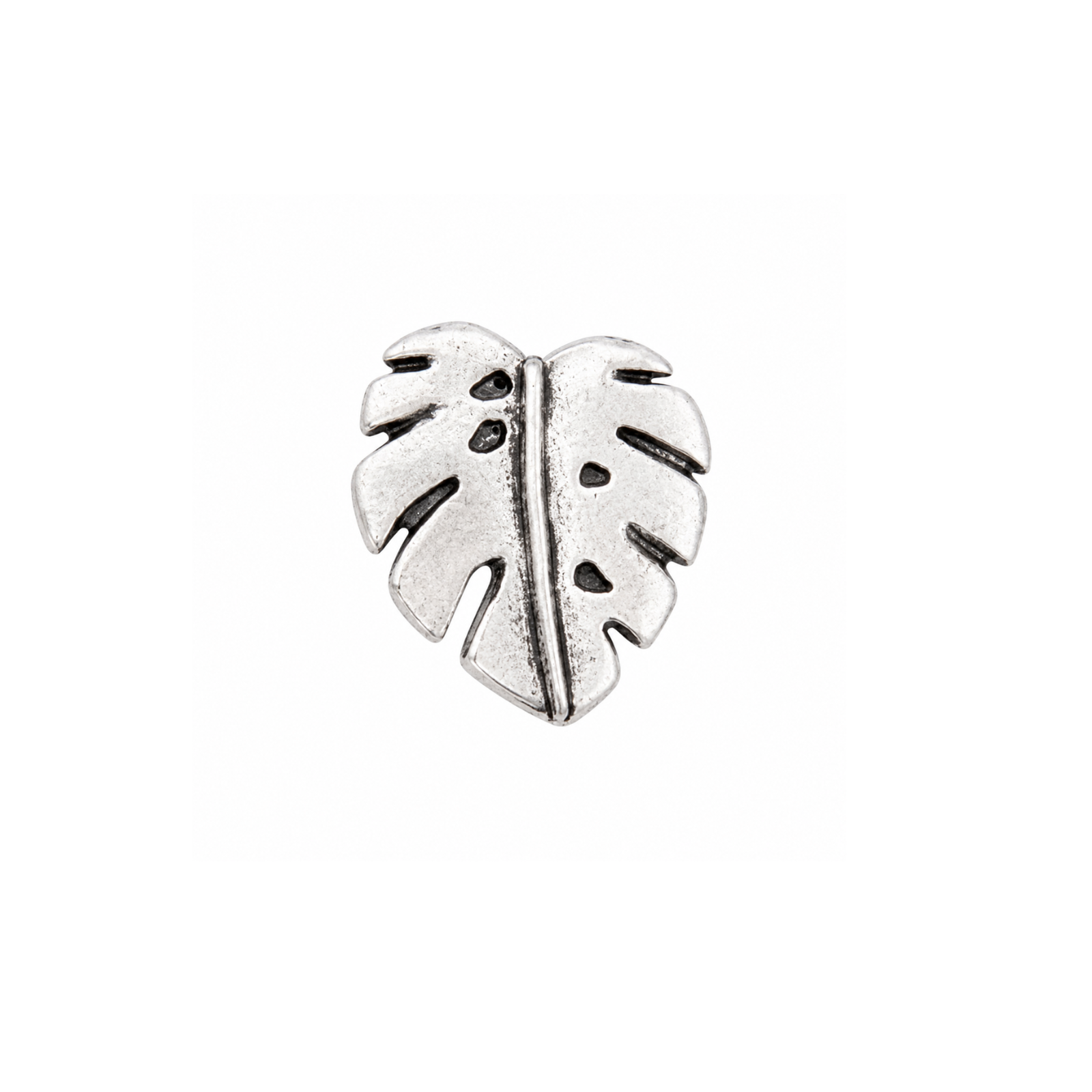 TierraCast Monstera Leaf Button in Antique Silver, 15mm, on a white background.