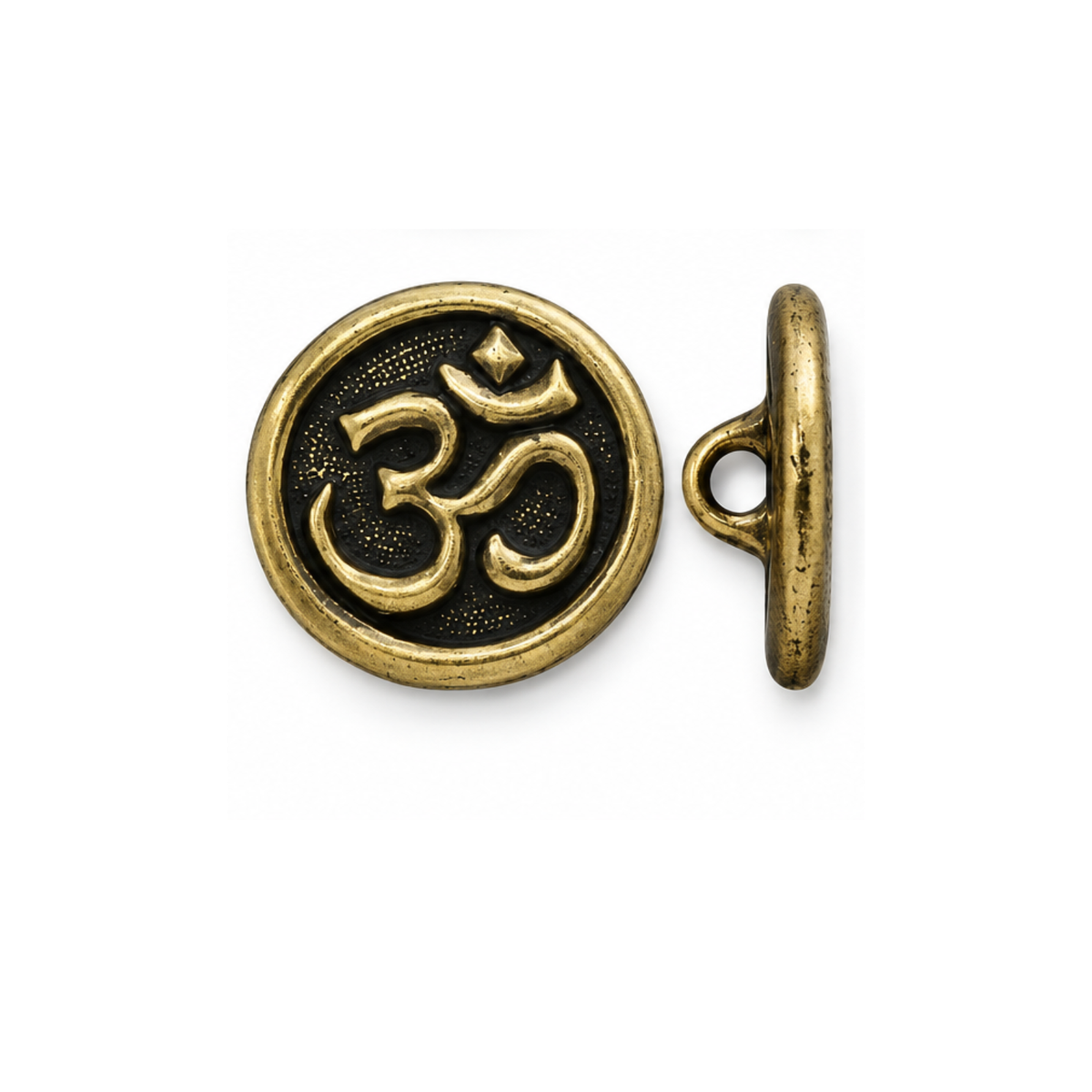 TierraCast 17mm Om button or clasp in Antique Brass, shown from front and side views.