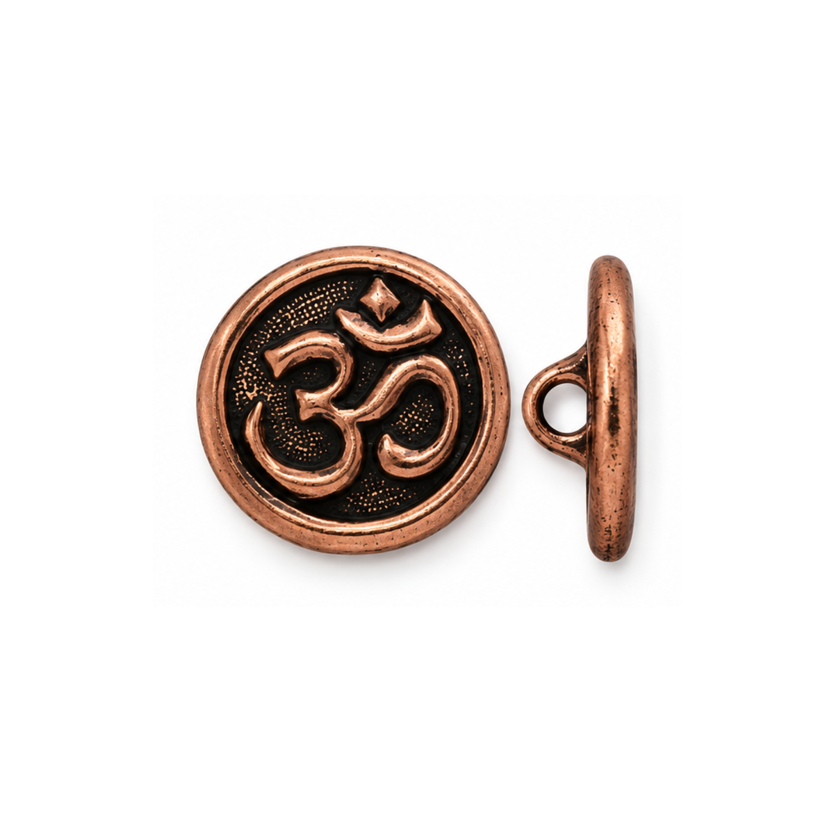 TierraCast 17mm Om button or clasp in Antique Copper, shown from front and side views.