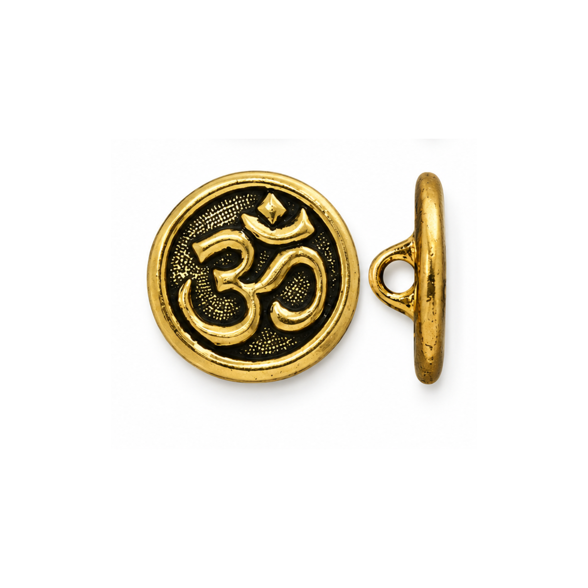 TierraCast 17mm Om button or clasp in Antique Gold, shown from front and side views.