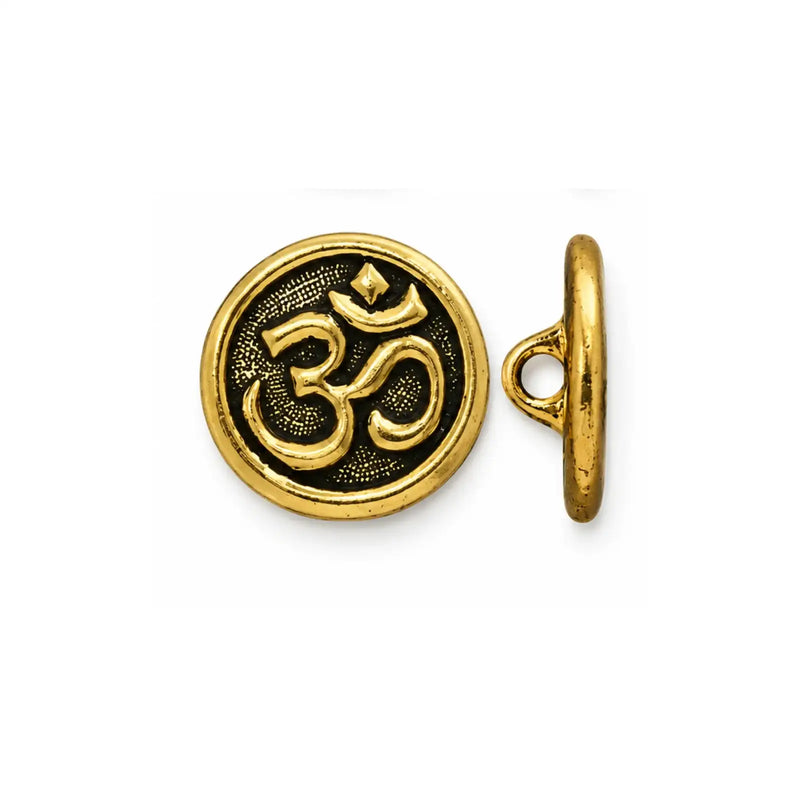 TierraCast 17mm Om button or clasp in Antique Gold, shown from front and side views.
