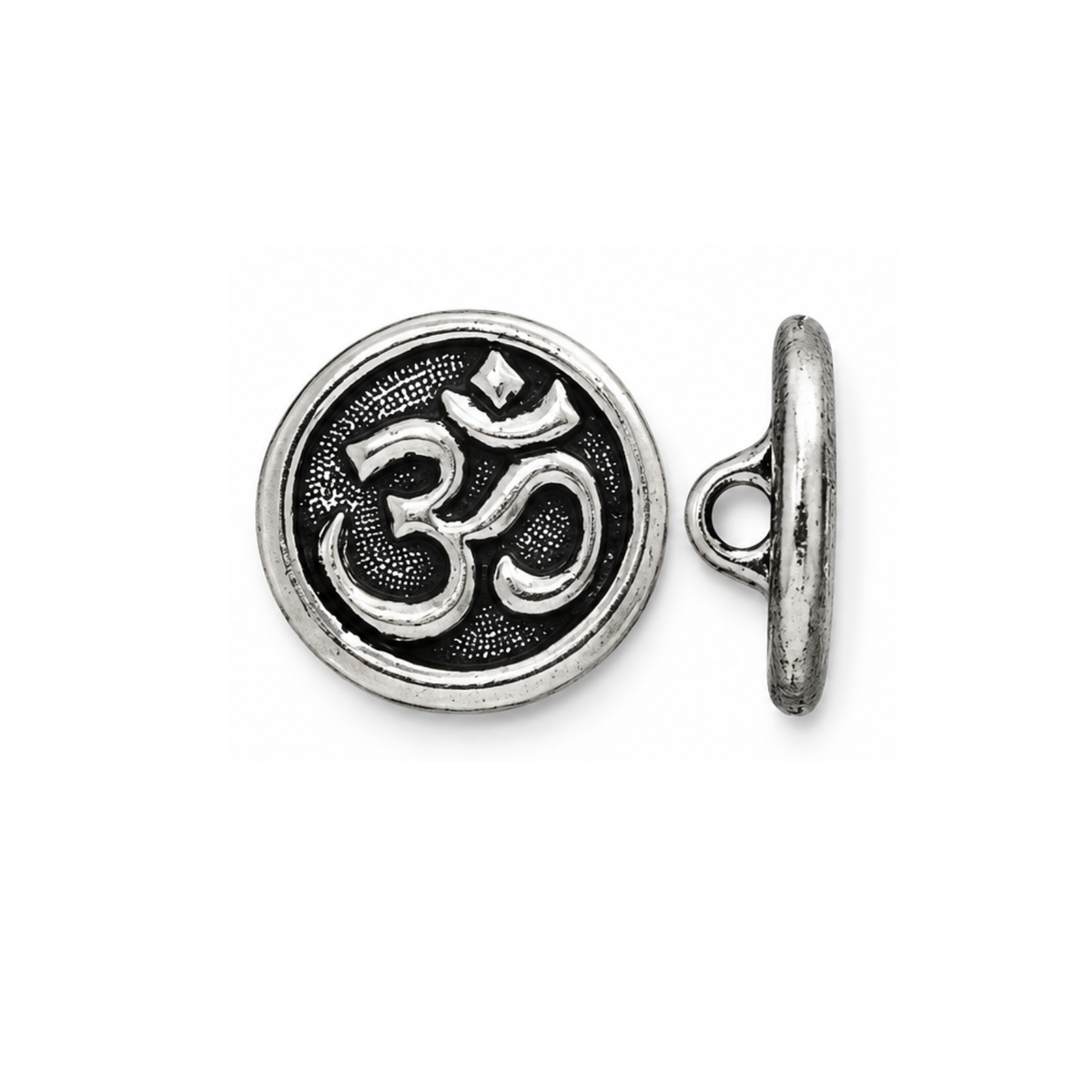 TierraCast 17mm Om button or clasp in Antique Silver, shown from front and side views.