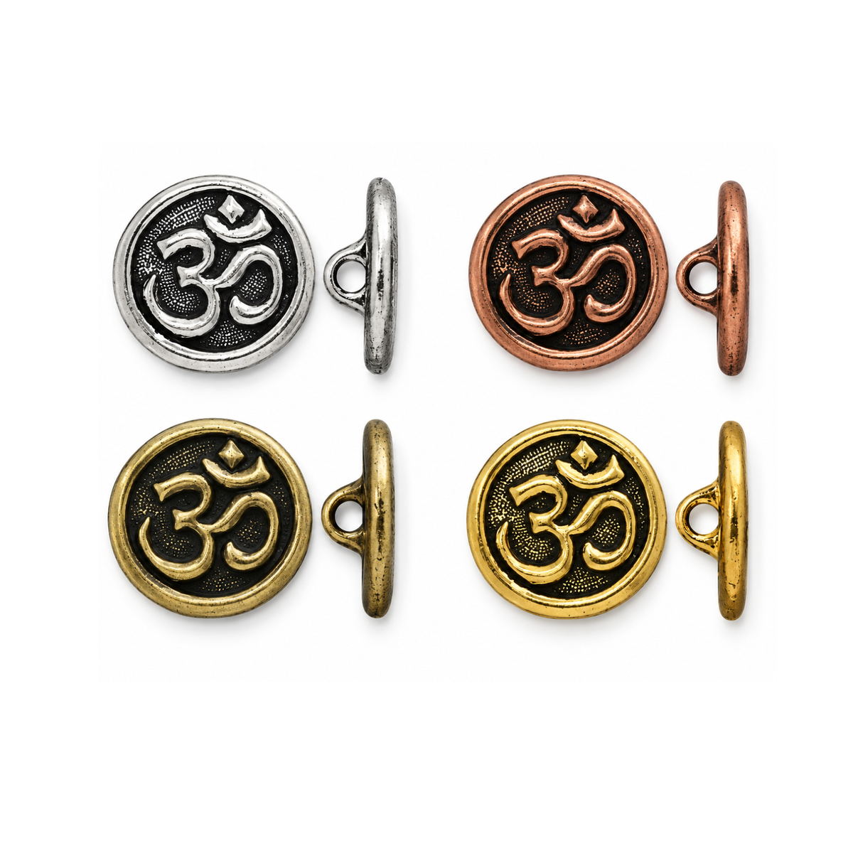 TierraCast Om buttons and clasps in Antique Silver, Antique Copper, Oxidized Brass and Antique Gold, shown from front and side views.