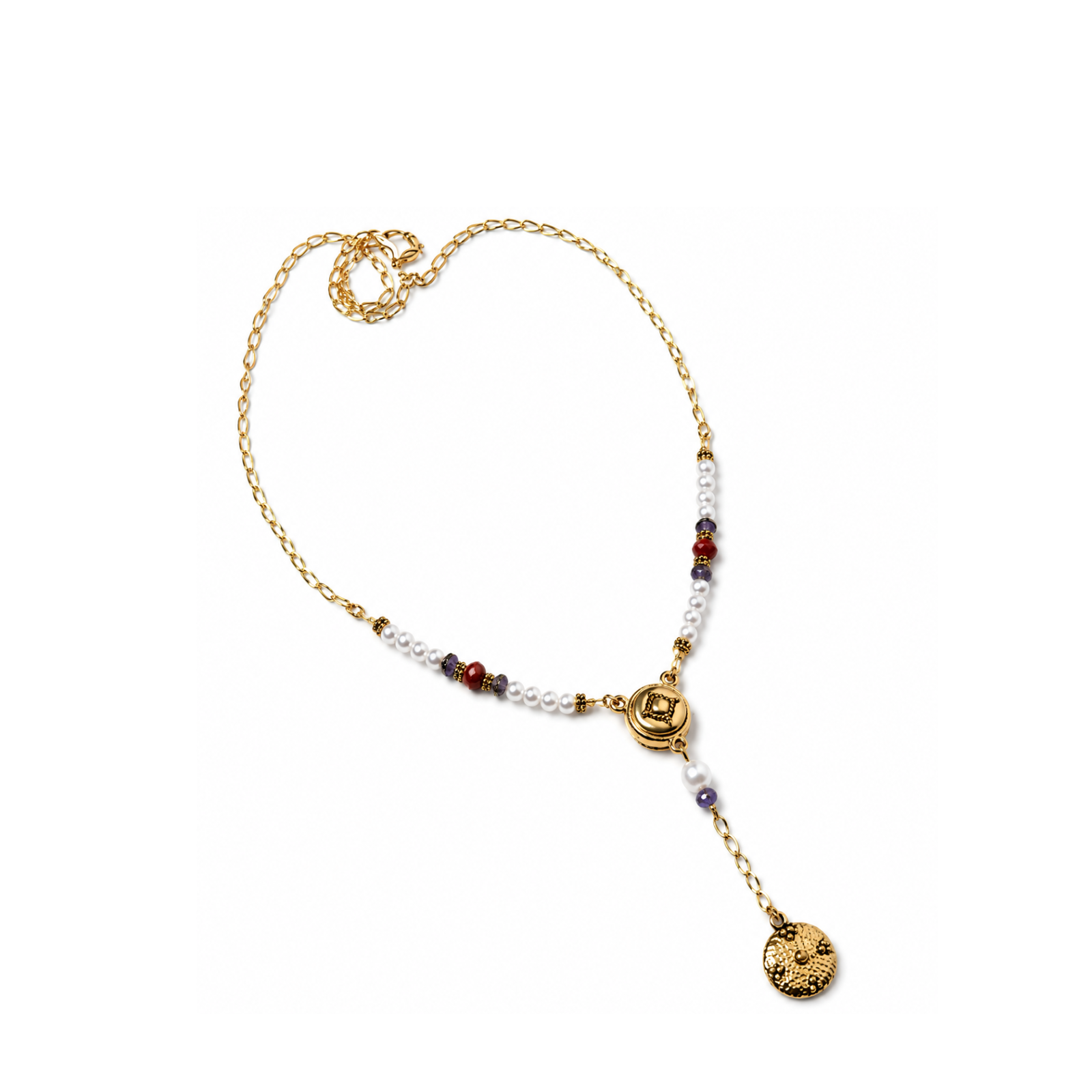 Finished beaded necklace featuring a gold TierraCast Opulence 2-to-1 Magnetic Clasp with pearl accents and a pendant drop.