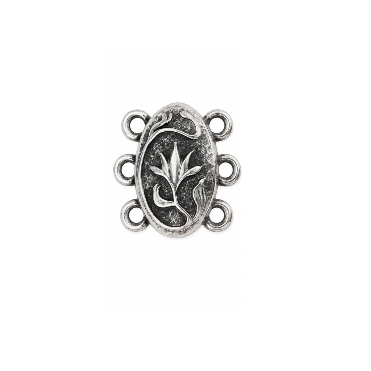 TierraCast Posy 3-Strand Magnetic Clasp in Antique Silver, 15mm, with floral design and three attachment loops.
