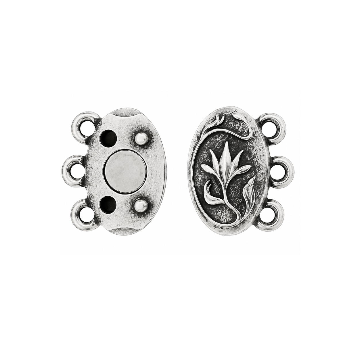 TierraCast Posy 3-Strand Magnetic Clasp shown open to display the magnetic closure and three attachment loops on each side.