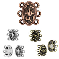 Collection of decorative metal connectors in various styles and colors on a white background