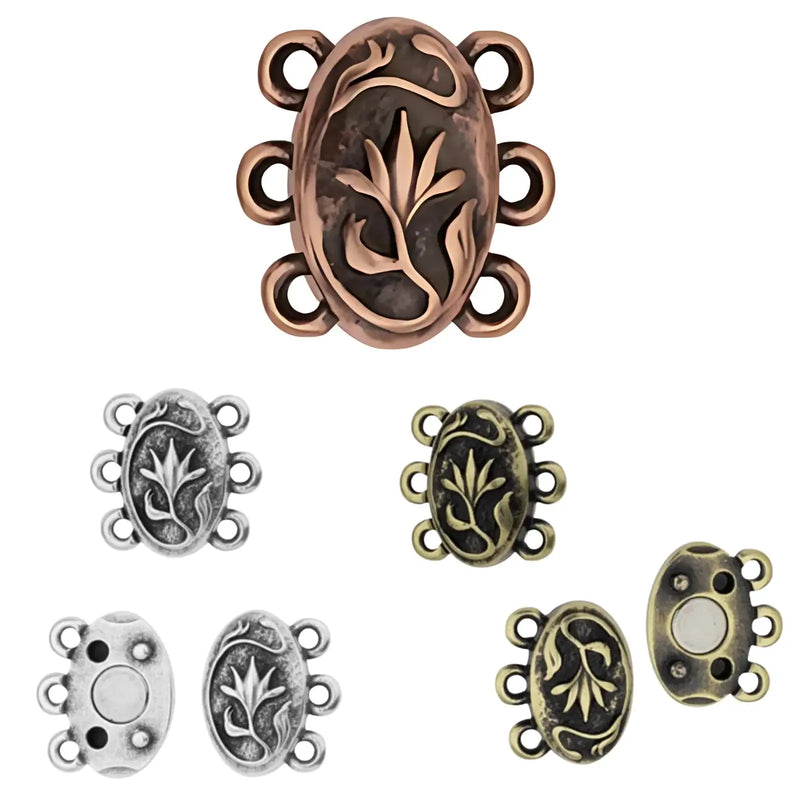 Collection of decorative metal connectors in various styles and colors on a white background