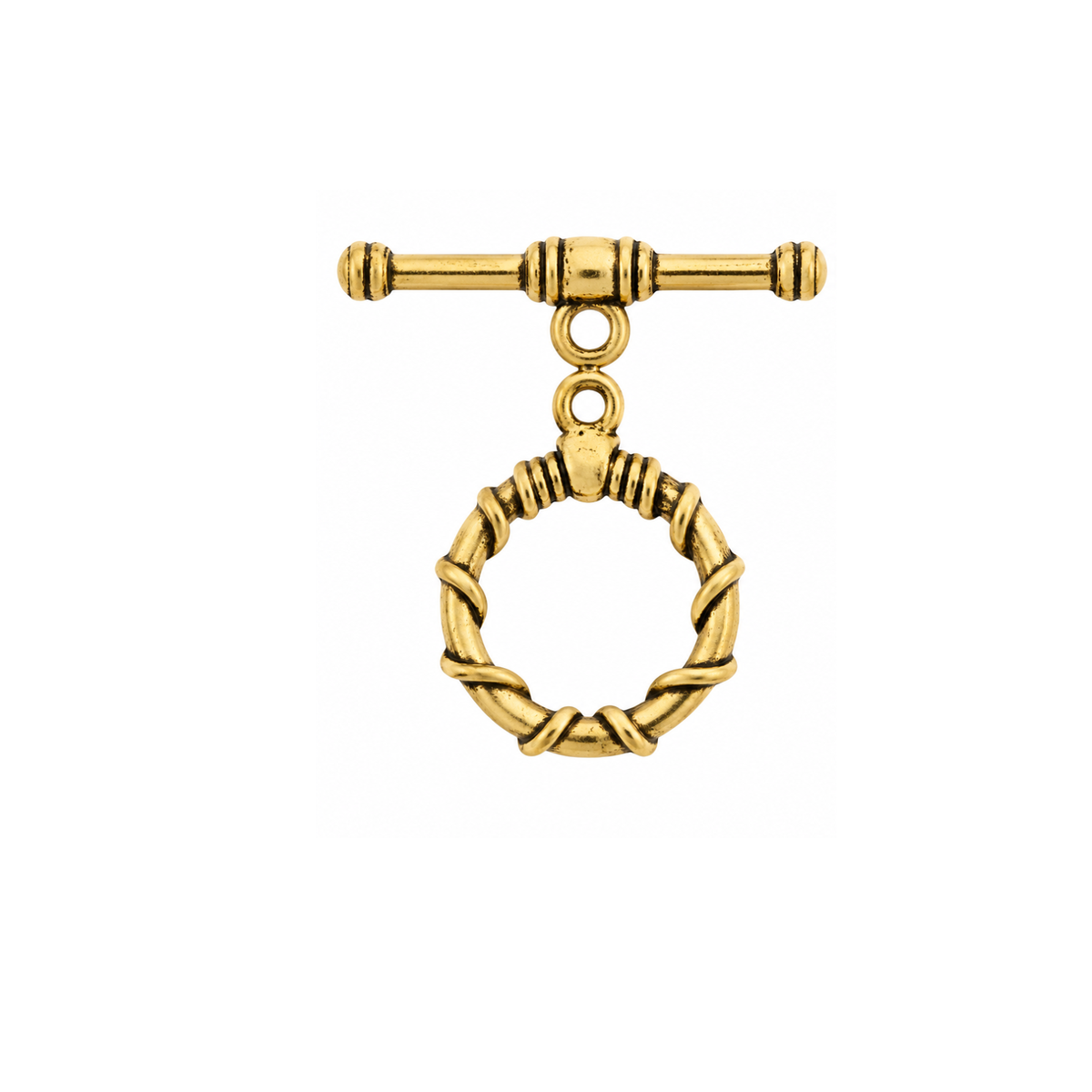 TierraCast Roped Round Toggle Clasp in Antique Gold, 15mm, with coordinating toggle bar.