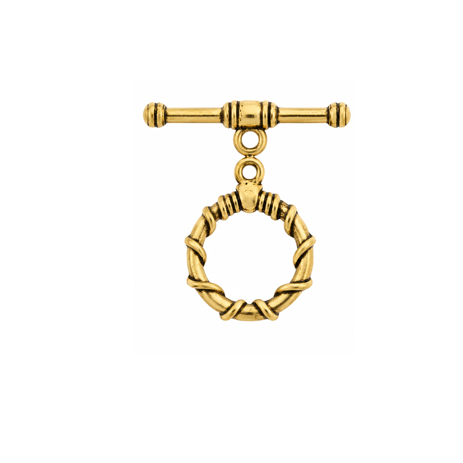 TierraCast Roped Round Toggle Clasp in Antique Gold, 15mm, with coordinating toggle bar.