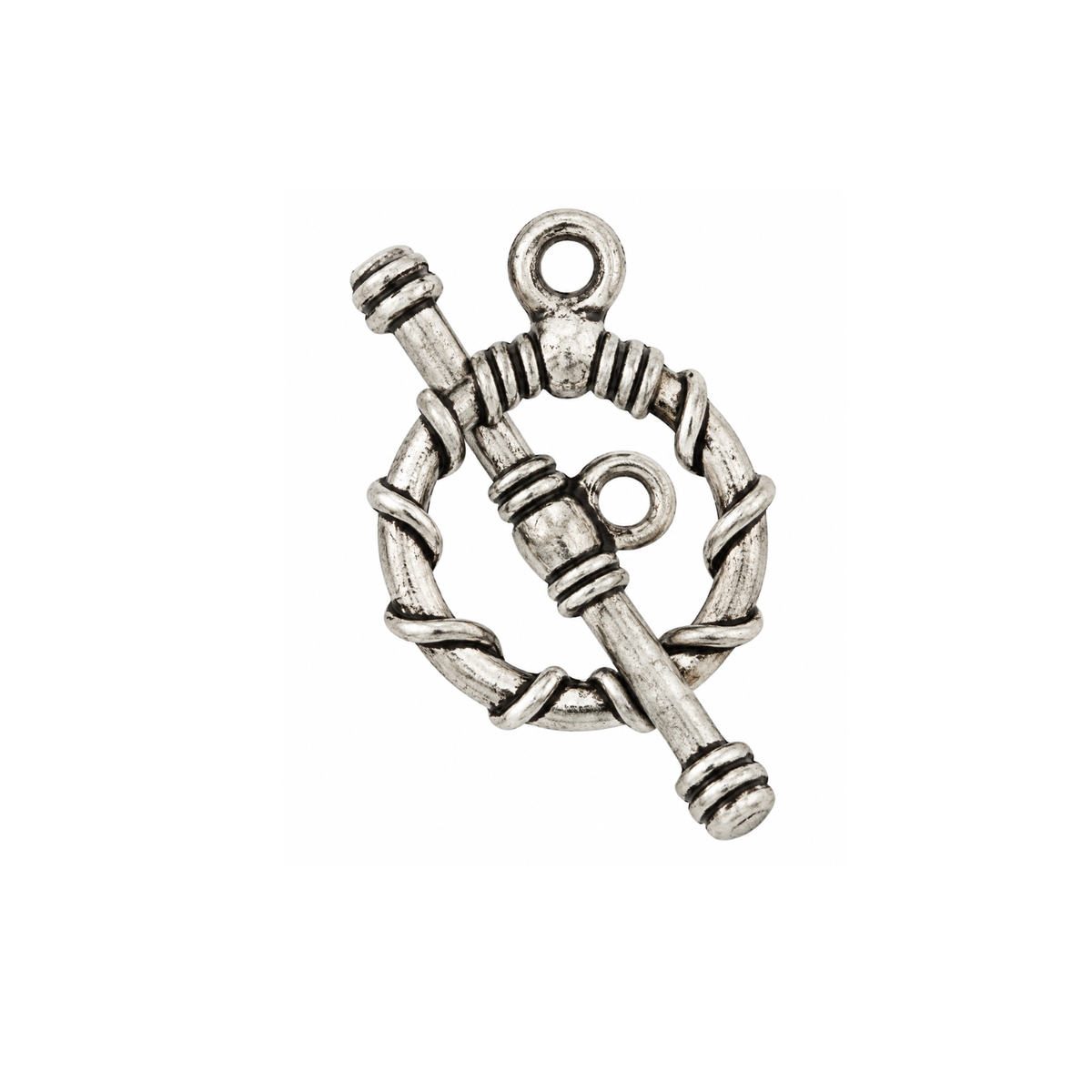 TierraCast Roped Round Toggle Clasp in Antique Silver shown assembled with the toggle bar through the rope-style ring.