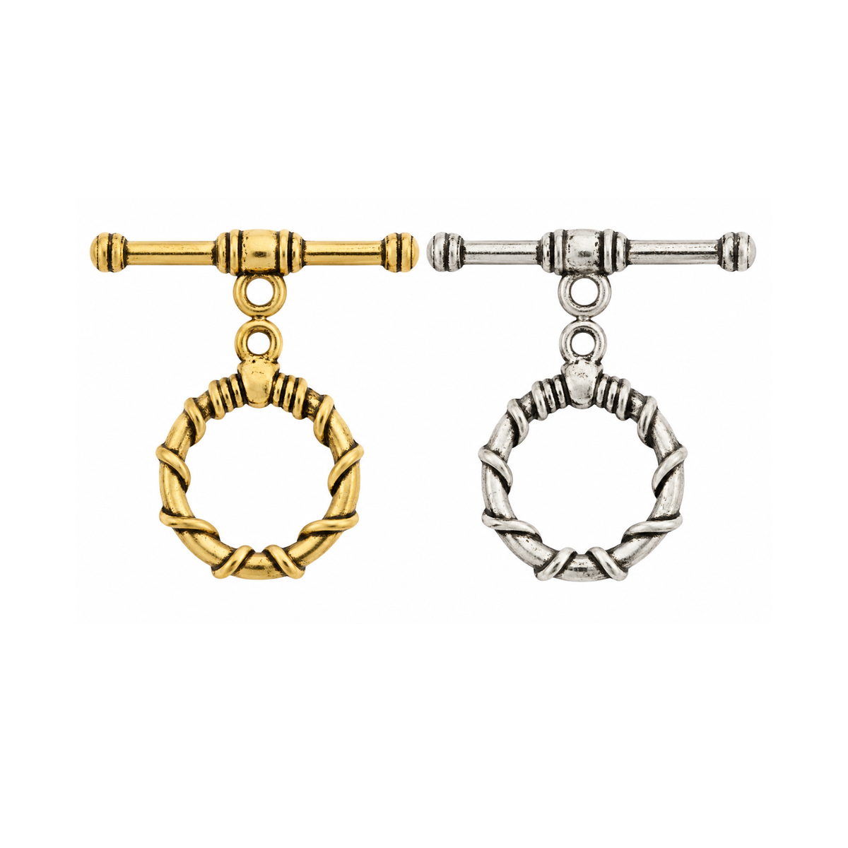 TierraCast Roped Round Toggle Clasps in Antique Gold and Antique Silver, showing the twisted rope rings and coordinating toggle bars.