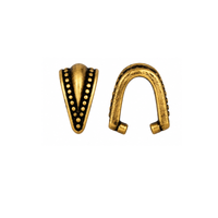 TierraCast Royal Pinch Bail in Antique Brass, 10mm, shown from front and open side views.