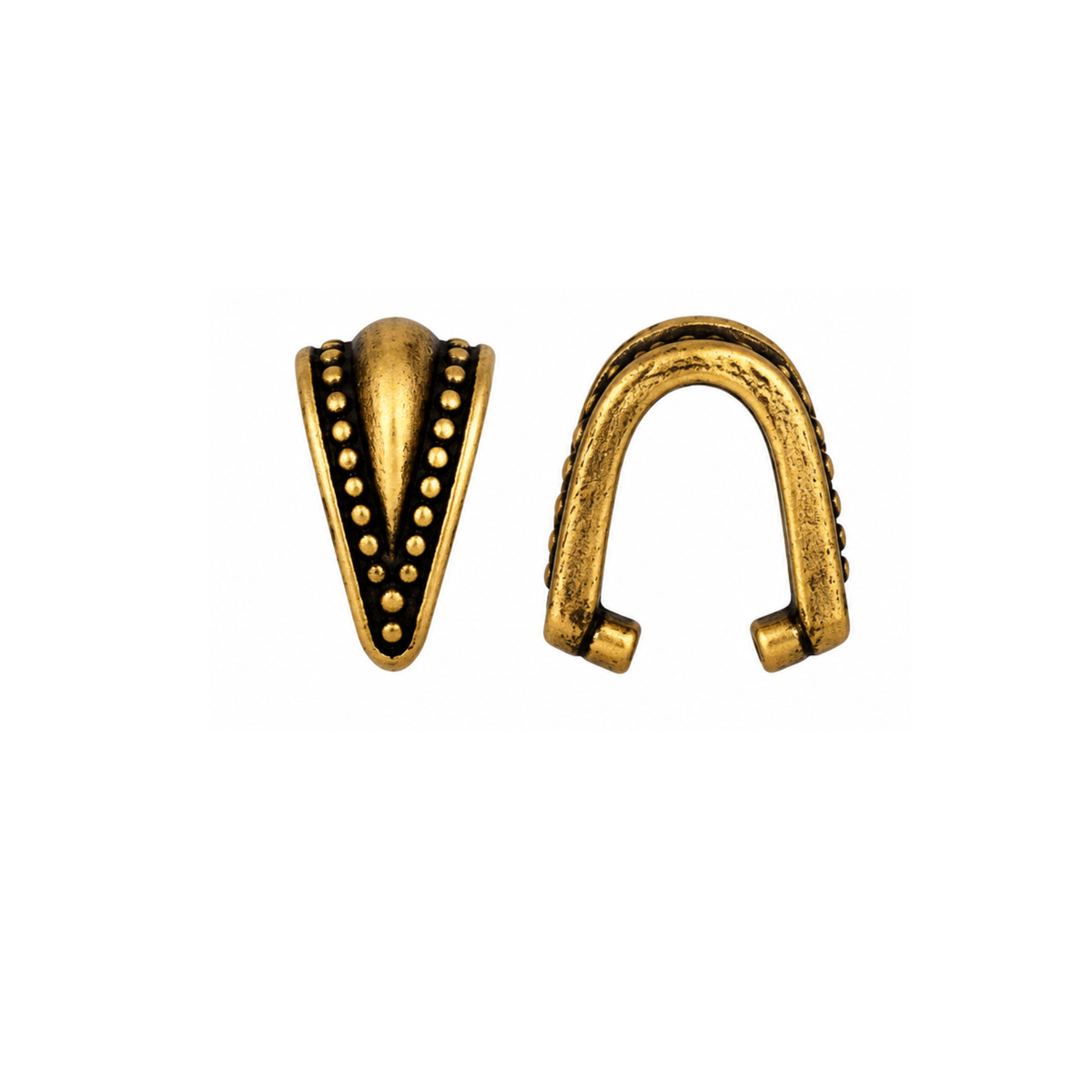 TierraCast Royal Pinch Bail in Antique Brass, 10mm, shown from front and open side views.