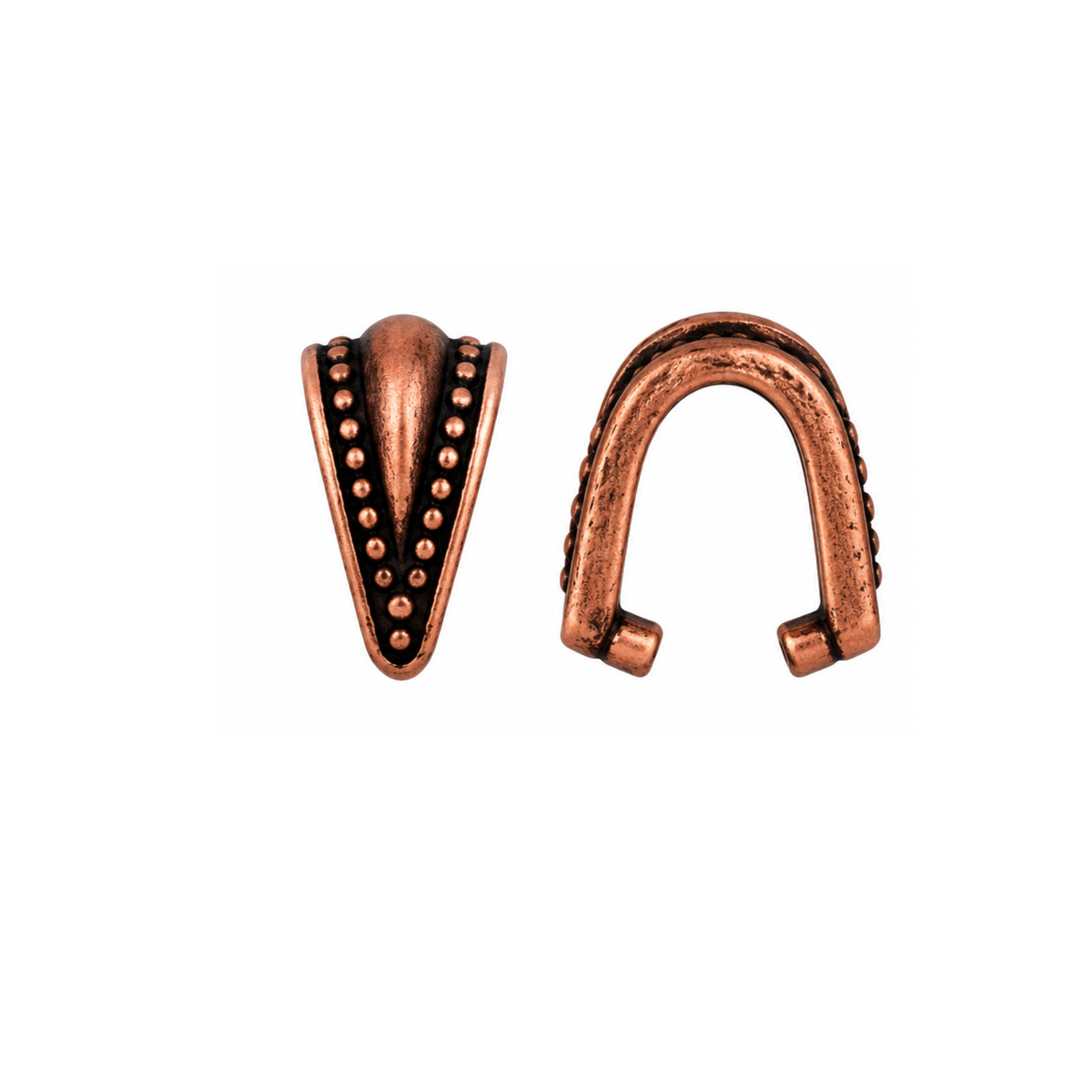 TierraCast Royal Pinch Bail in Antique Copper, 10mm, shown from front and open side views.