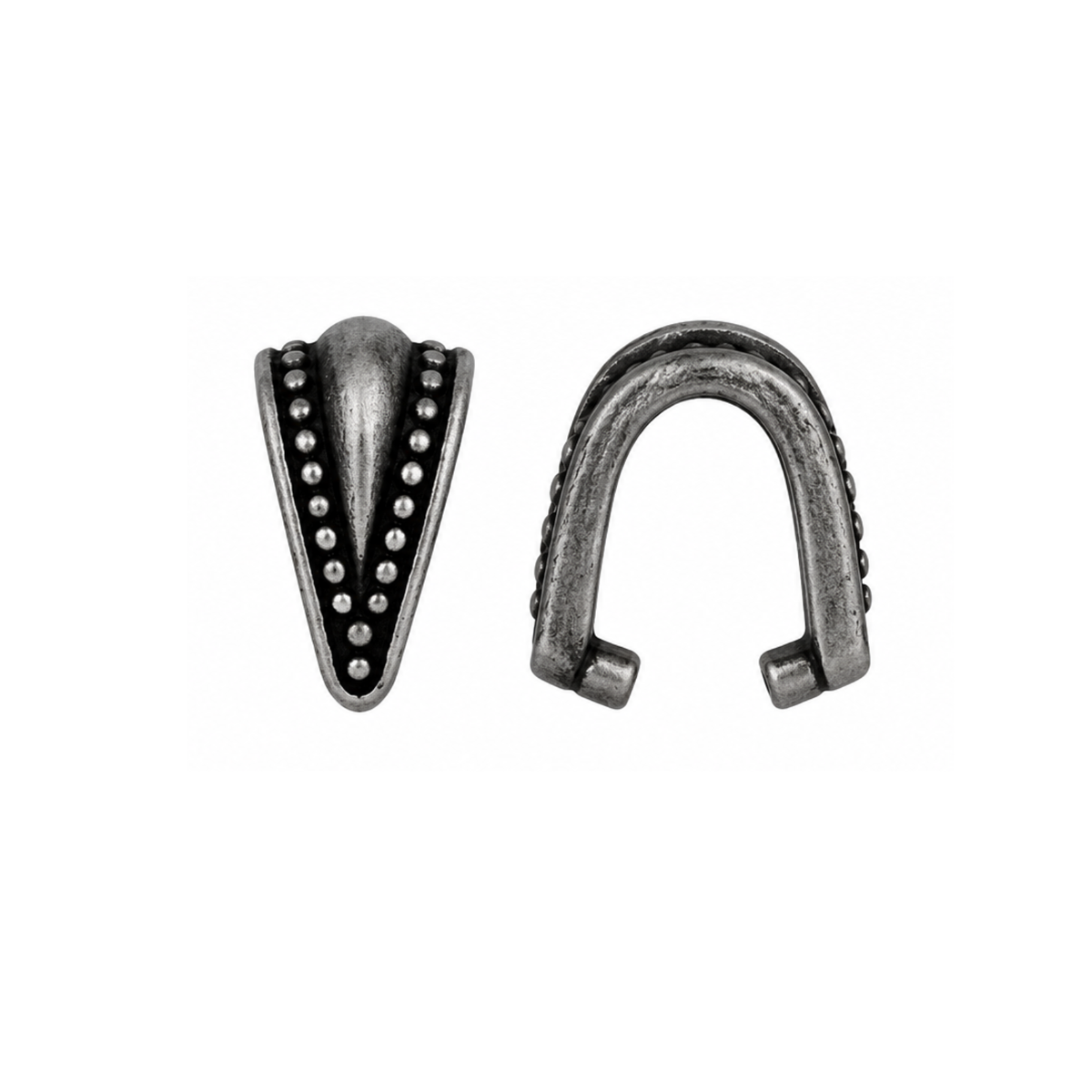 TierraCast Royal Pinch Bail in Antique Pewter, 10mm, shown from front and open side views.
