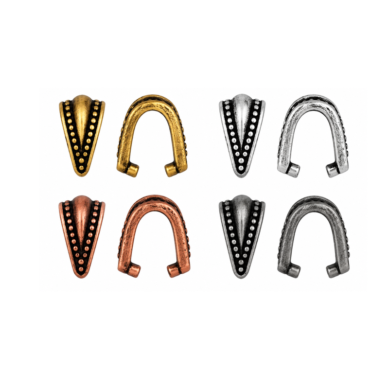 TierraCast Royal Pinch Bails in Antique Gold, Antique Silver, Antique Copper and Antique Pewter, shown from front and open side views.