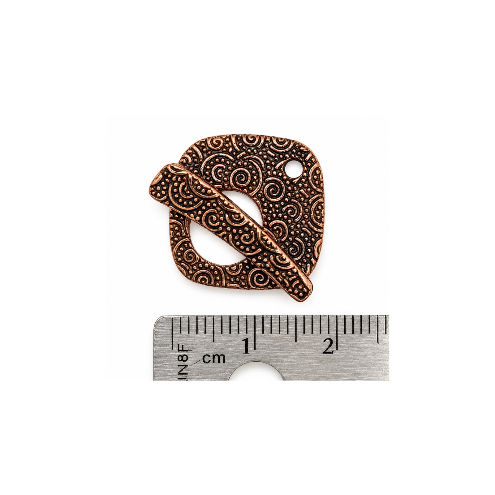 TierraCast Square Spiral Toggle Clasp shown beside a ruler for 19mm size reference.