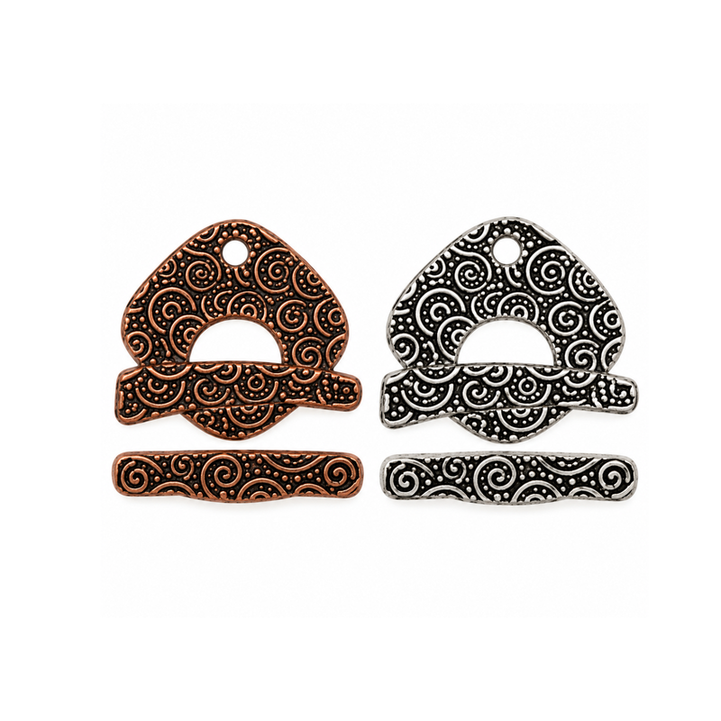 TierraCast Square Spiral Toggle Clasp, 19mm, in Antique Copper and Antique Silver with decorative spiral detailing.