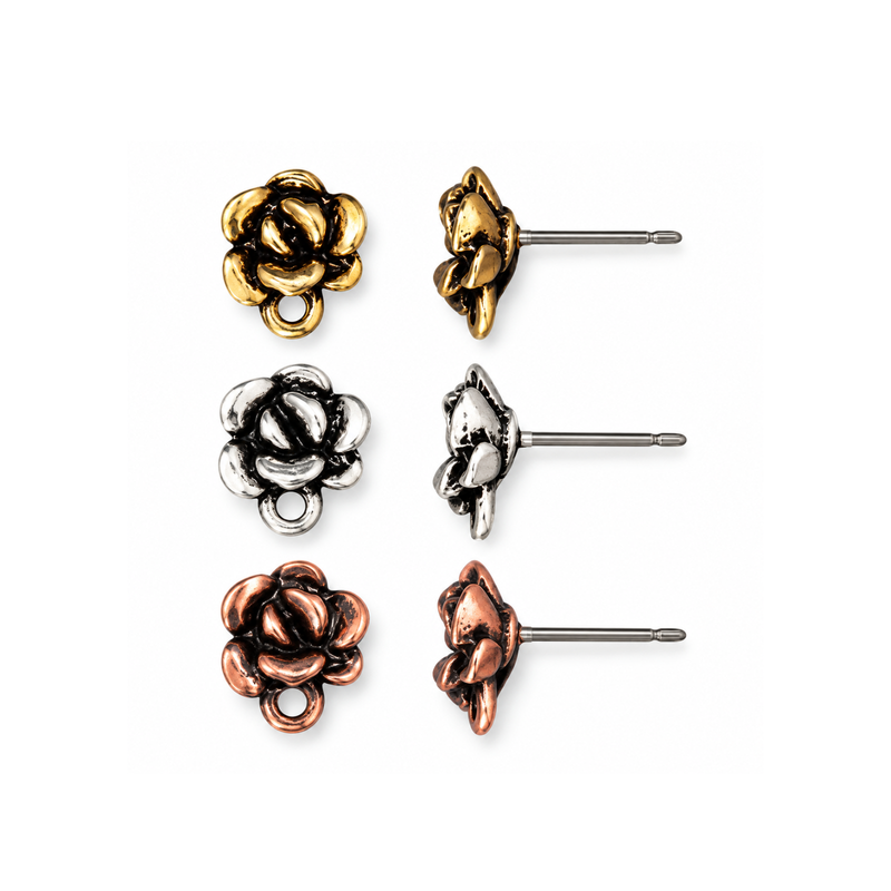 TierraCast Succulent earring posts with titanium posts in Antique Gold, Antique Silver and Antique Copper