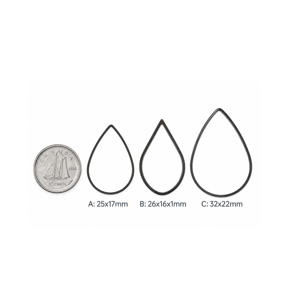 Teardrop jewelry connector size comparison showing 25x17mm, 26x16x1mm and 32x22mm sizes beside a Canadian dime for scale.