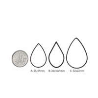 Teardrop jewelry connector size comparison showing 25x17mm, 26x16x1mm and 32x22mm sizes beside a Canadian dime for scale.