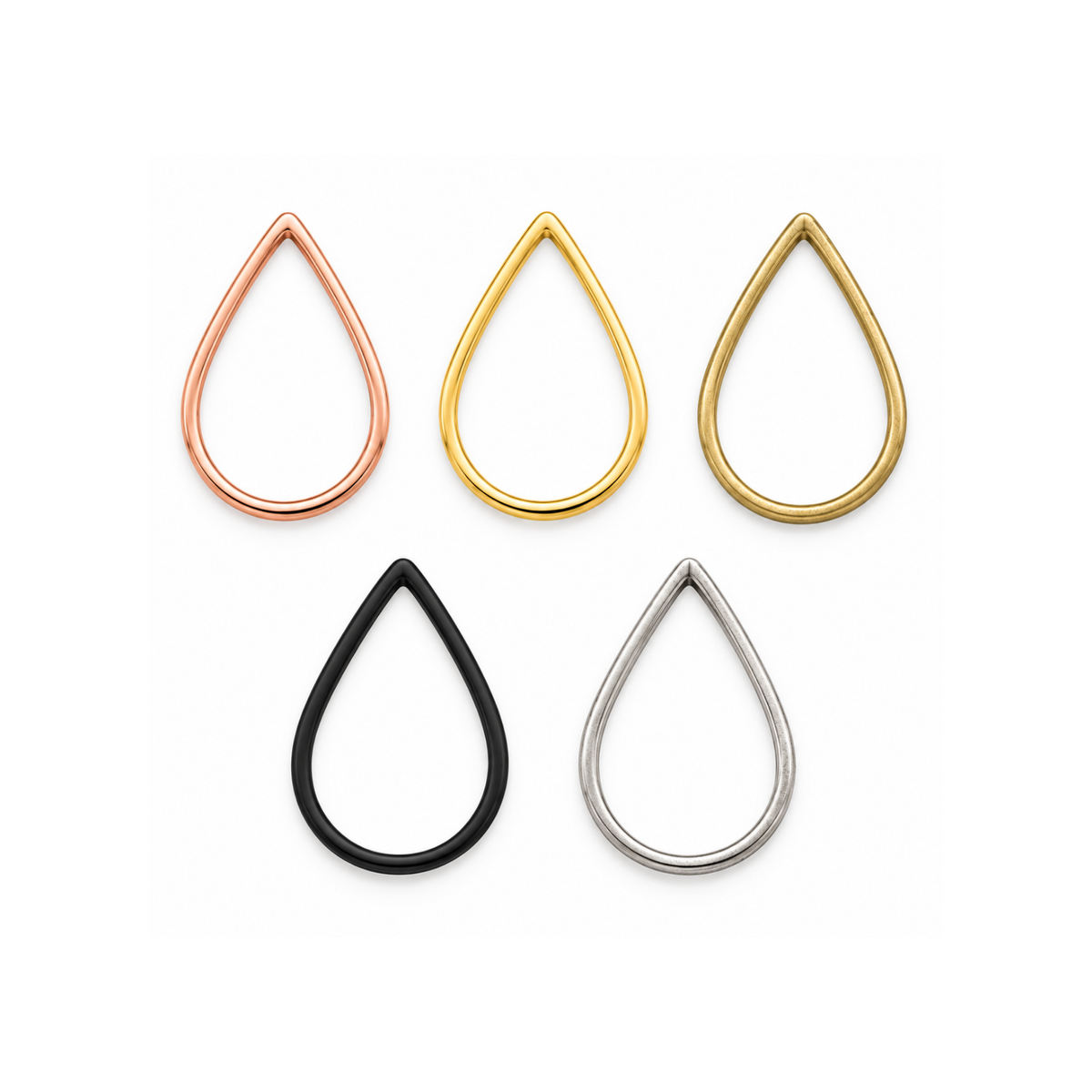 Teardrop jewelry connectors in Rose Gold, Gold, Raw Brass, Oxidized Black and Antique Silver finishes.