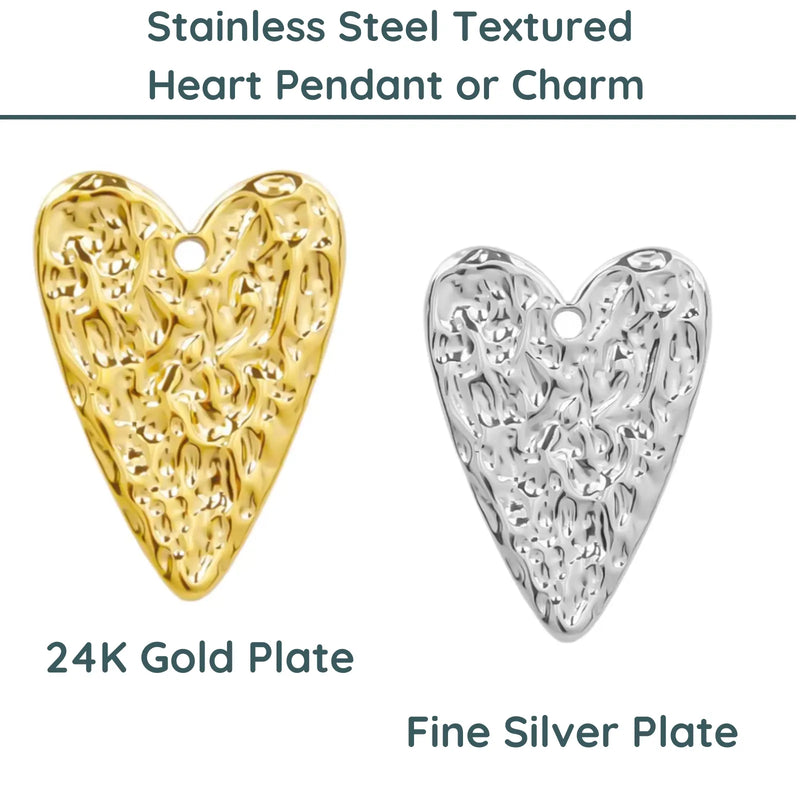 Textured Heart Stainless Steel Charm or Pendant, 24K or Fine Silver Plate - The Argus Collection