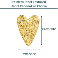 Textured Heart Stainless Steel Charm or Pendant, 24K or Fine Silver Plate - The Argus Collection