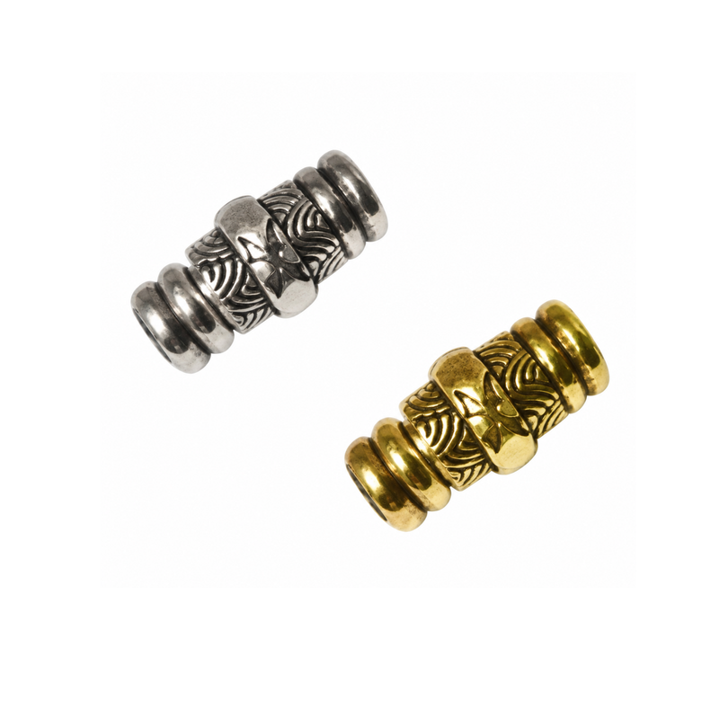 Textured magnetic tube clasp for 5mm round leather in Antique Silver and Antique Brass finishes.