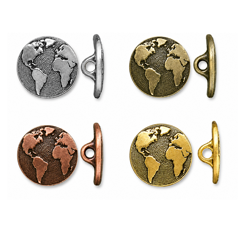 TierraCast Earth World Map Buttons in four metal finishes with front and side views