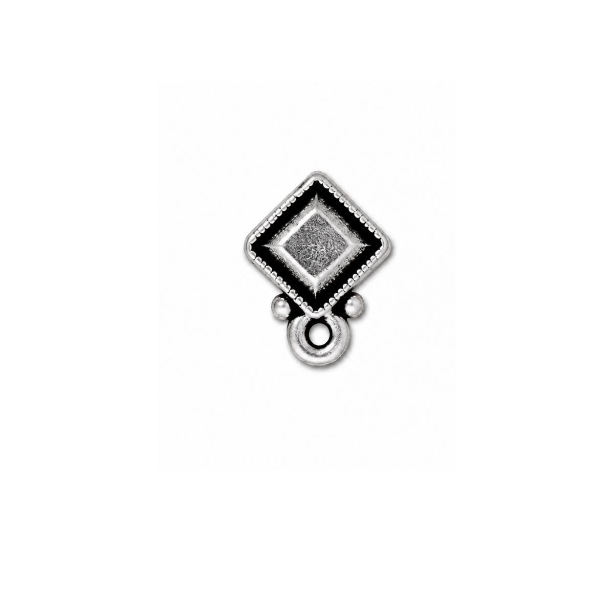 A single silver-toned jewelry charm with a textured diamond-shaped face, a beaded border, and a hanging loop below, centered on a plain white background.