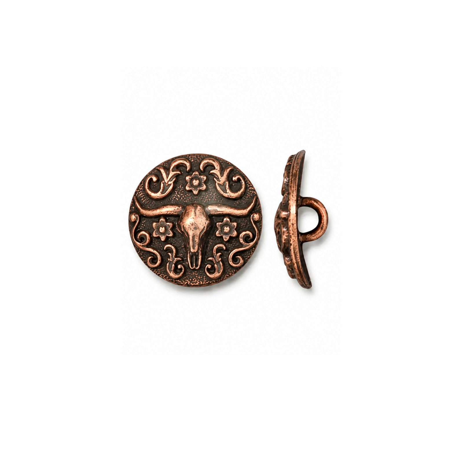 Two round copper-toned metal buttons with engraved floral and scrollwork details and a longhorn motif, shown on a plain white background.