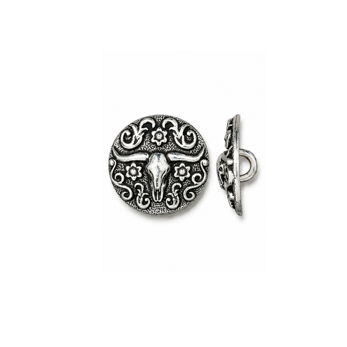An ornate round silver-toned button or clasp featuring a longhorn bull design with scrollwork and floral details, shown from both front and side views on a plain white background.