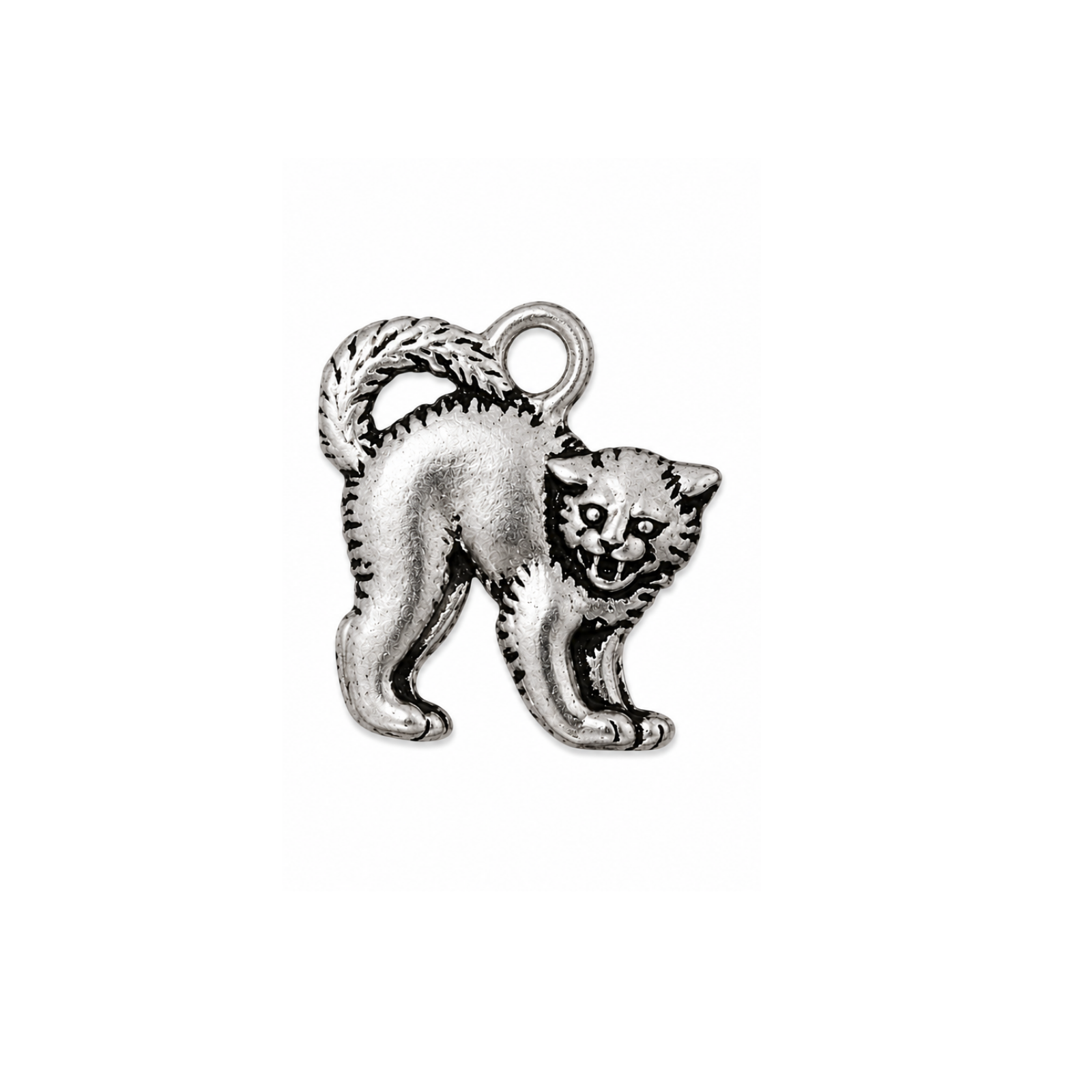 A small silver charm shaped like a standing cat with a textured finish and a loop at the top, shown on a plain white background.