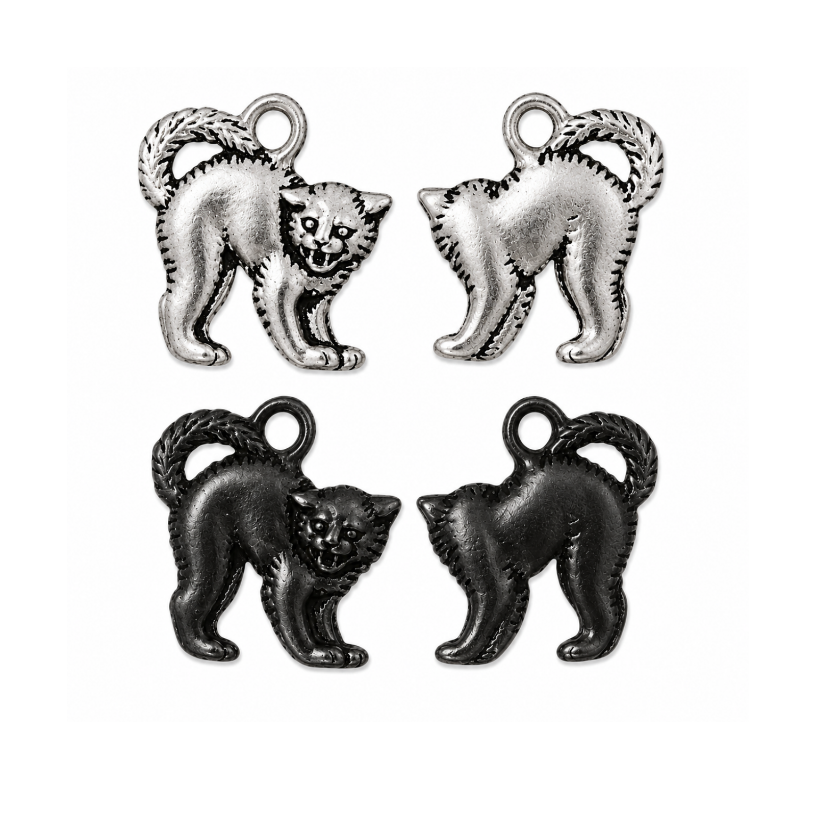 TierraCast Scary Cat charms in Antique Silver and Black, shown from front and back
