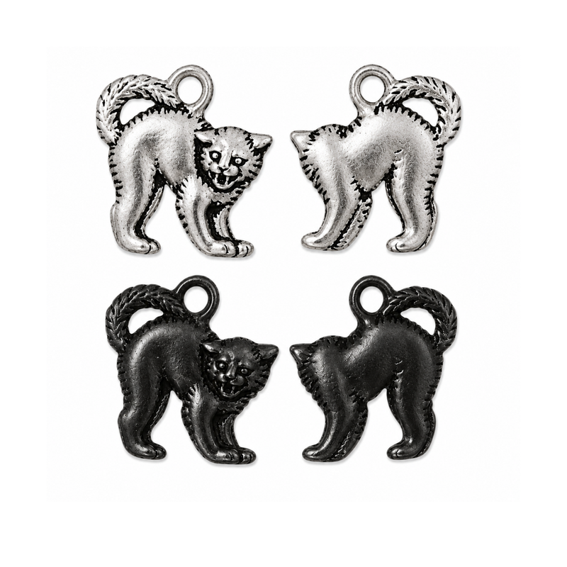 TierraCast Scary Cat charms in Antique Silver and Black, shown from front and back