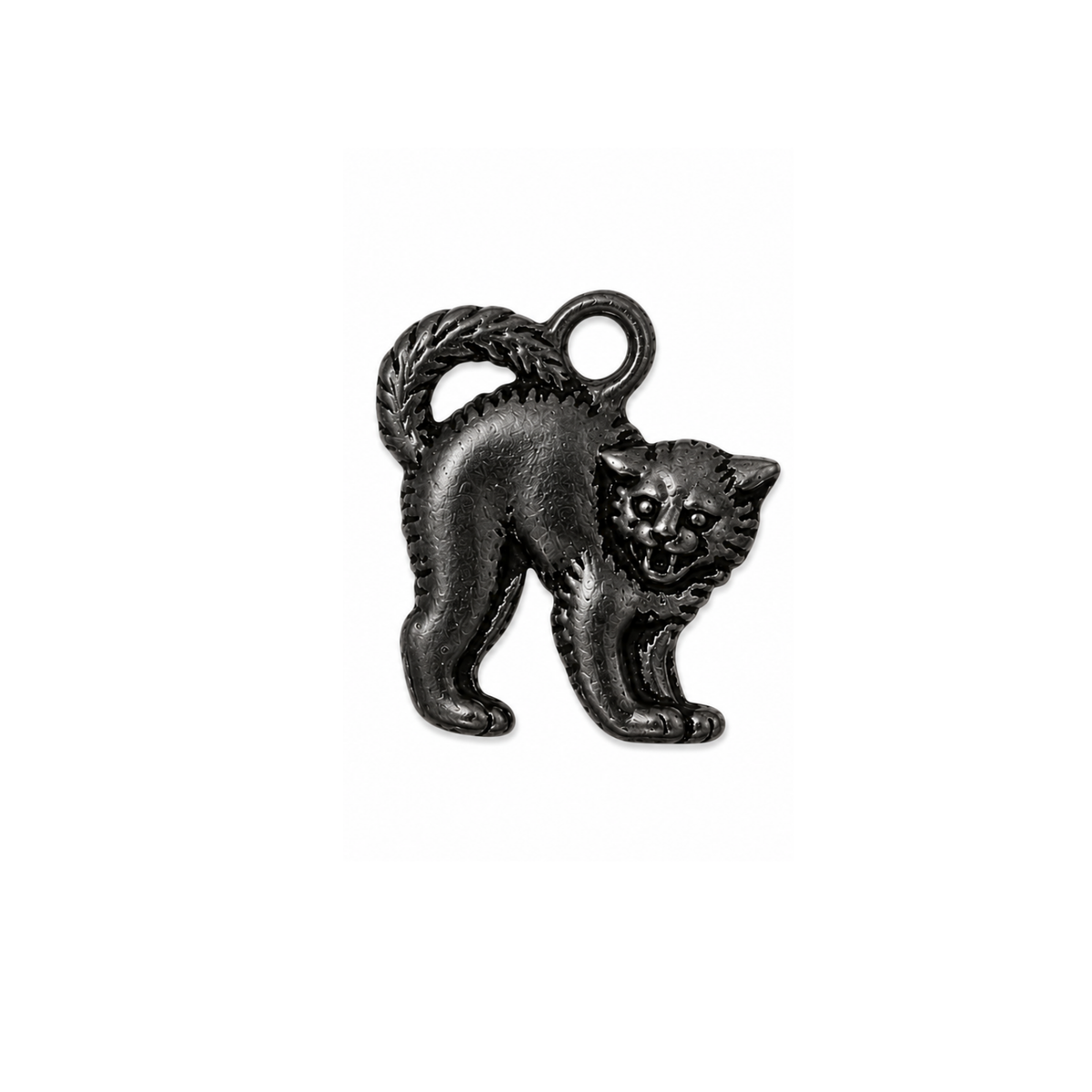 A small black metal cat-shaped charm with a hanging loop at the top, shown on a plain white background.