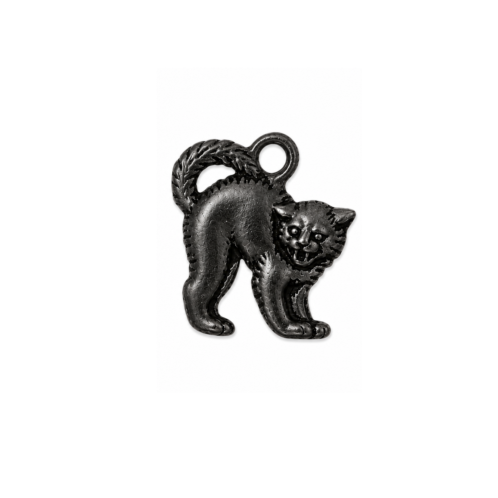 A small black metal cat-shaped charm with a hanging loop at the top, shown on a plain white background.