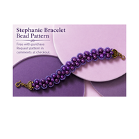 A promotional graphic for a Stephanie Bracelet Bead Pattern, showing a purple beaded bracelet with gold-toned hardware on a lavender and purple background with text describing the free bead pattern.