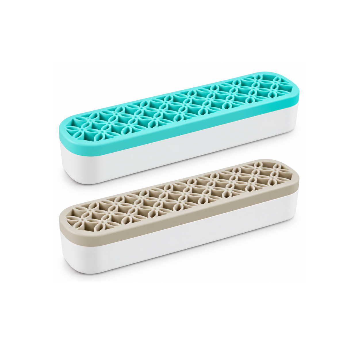 Tool Huggy tool organizers in Aqua and Tan with flexible silicone inserts and white bases.