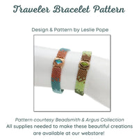 Two beaded bracelets on a wrist with text about a bracelet pattern by Leslie Pope.