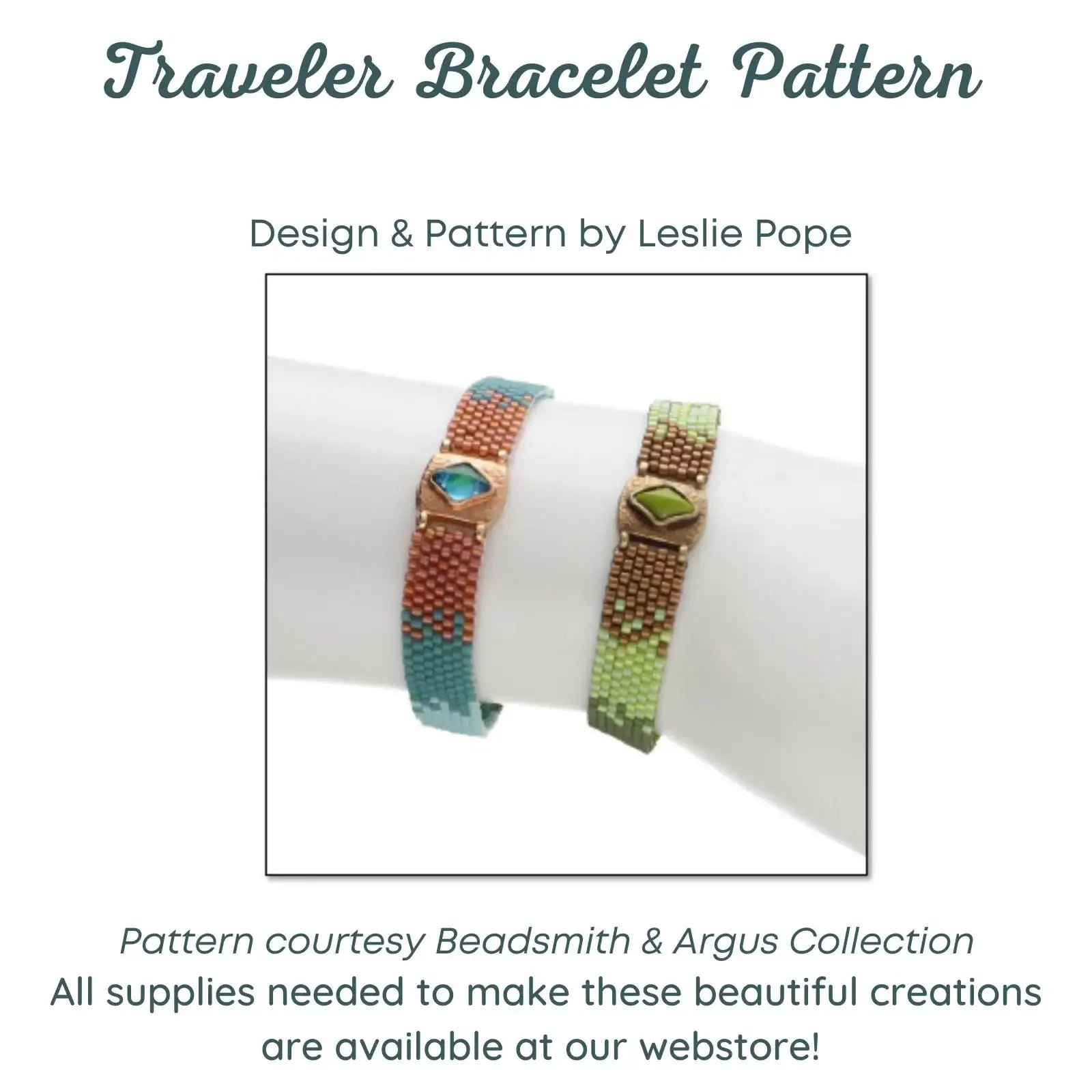 Two beaded bracelets on a wrist with text about a bracelet pattern by Leslie Pope.