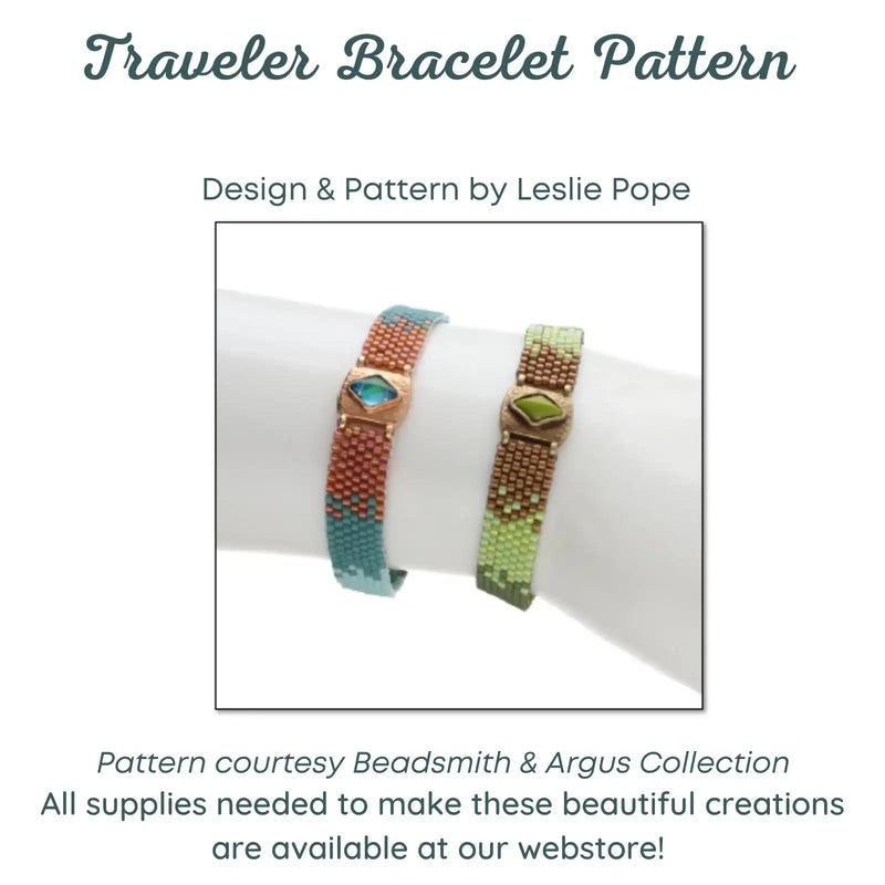 Two beaded bracelets on a wrist with text about a bracelet pattern by Leslie Pope.
