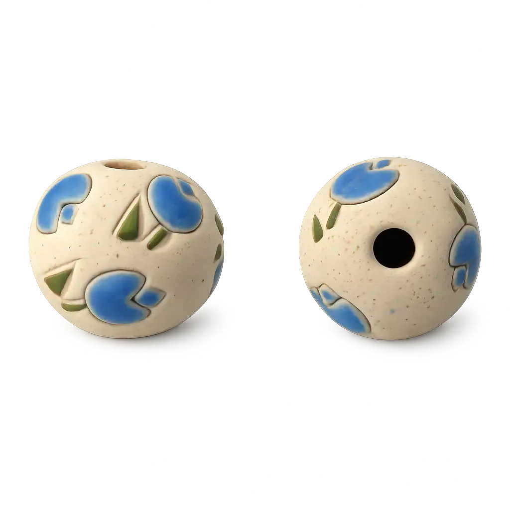Two ceramic beads with blue and green patterns on a white background