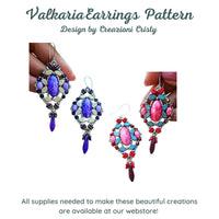 Colorful beaded earrings held by a hand with text about a pattern design and webstore.