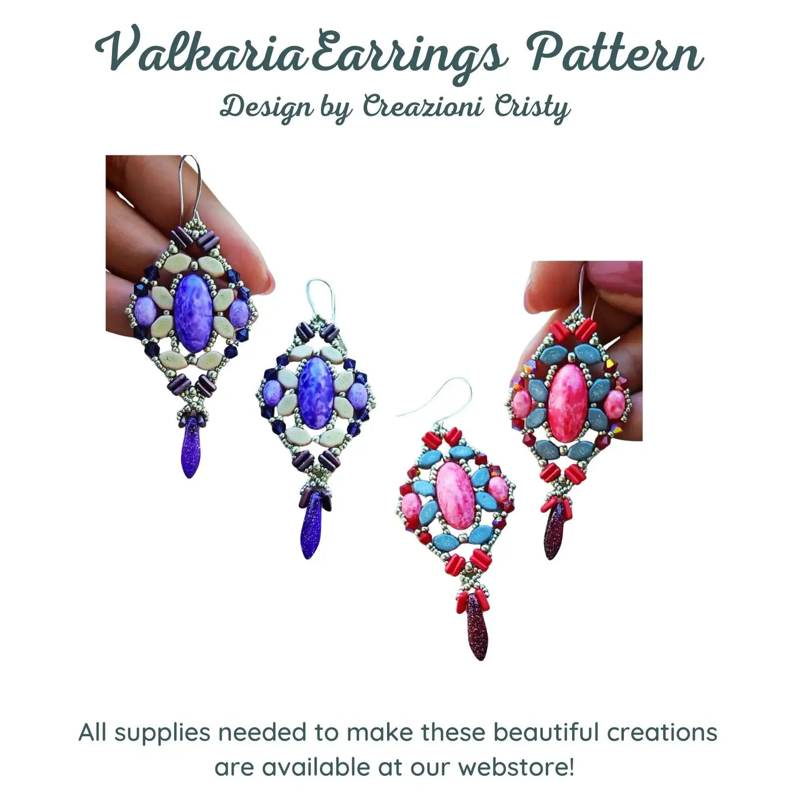 Colorful beaded earrings held by a hand with text about a pattern design and webstore.