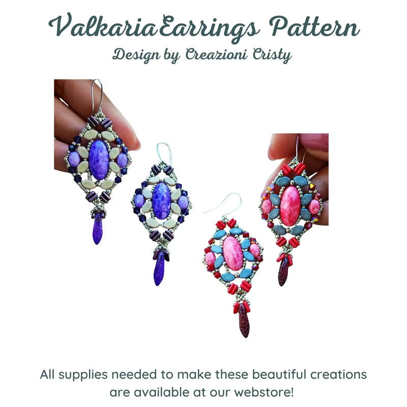 Colorful beaded earrings held by a hand with text about a pattern design and webstore.