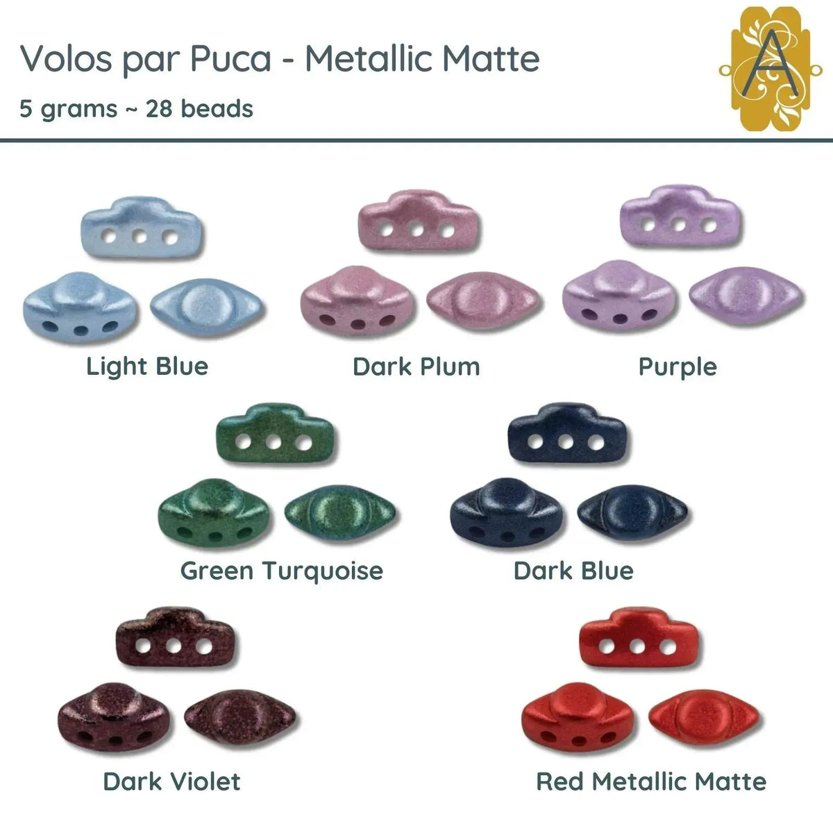 Volos Beads par Puca in 7 Metallic Matte Colors, 5grams of beads. - The Argus Collection