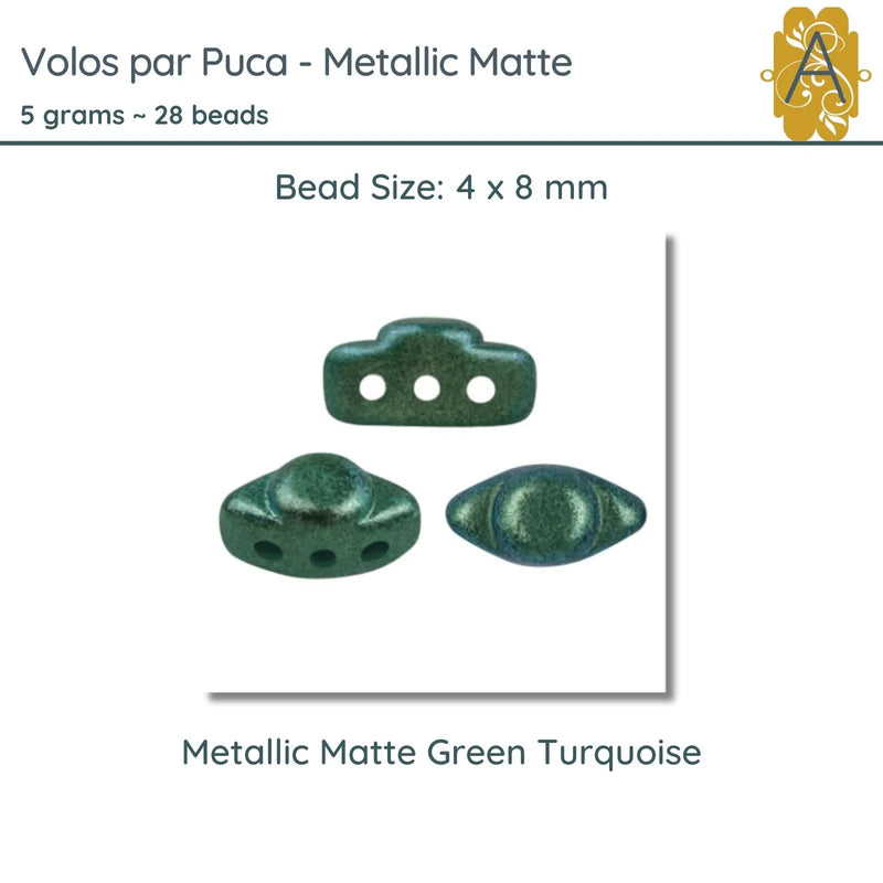 Volos Beads par Puca in Metallic Matte Green Turquoise, 5grams of beads. - The Argus Collection